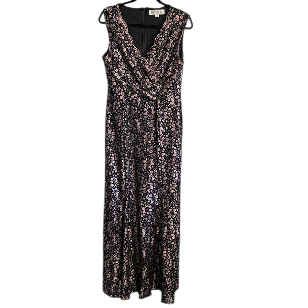 Tahari Arthur S. Levine Black Floral Lace Gown Champagne Lining Size 12 - Picture 2 of 12